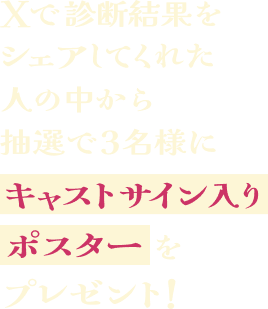 Xで診断結果をシェアしてくれた人の中から抽選で3名様にキャストサイン入りポスターをプレゼント！